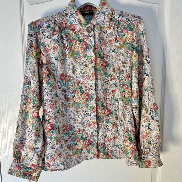 Size M 90's Floral Silk-Look Long Sleeve Blouse with Shoulder Pads - Picture 1 of 8